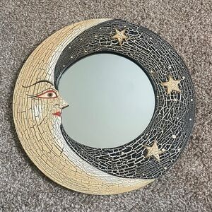 Vintage Painted Wooden Celestial Moon and Stars Wall Mirror / Picture Frame